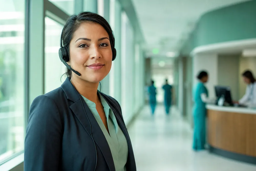 A bilingual medical interpreter in a hospital corridor
