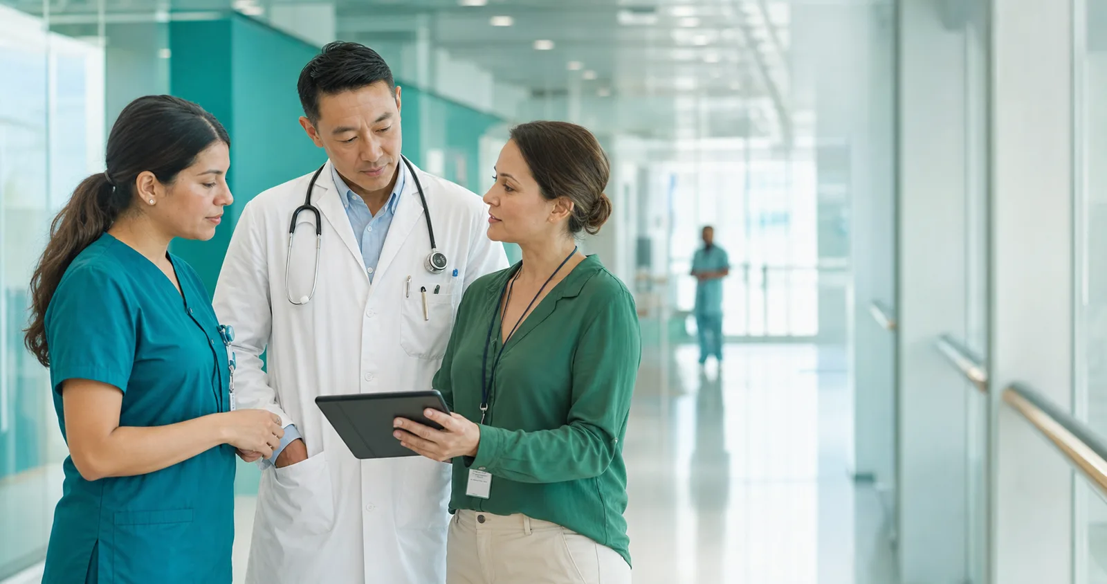 Healthcare professionals collaborating in a hospital corridor