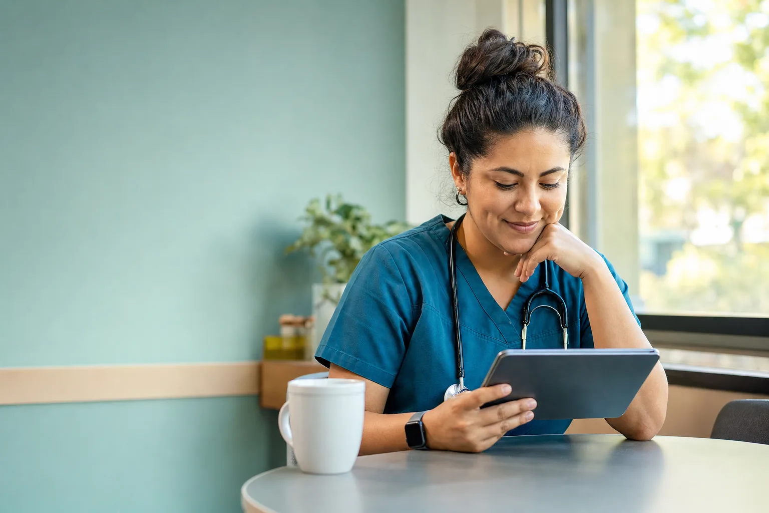 A healthcare professional studying a Spanish lesson on a tablet